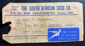 1959 Johannesburg South Africa Bag Tag Airmail Cover To Eldoret Kenya