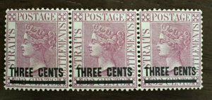 MALAYA Straits Settlements 1885 QV THREE CENTS on 32c 3V Block MLH SG#83 M3513