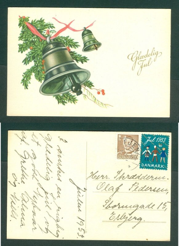 Denmark. 1953 Christmas Card . Seal + 20 Ore. Vejen. 2 Bells, Berries, Spruce.
