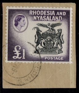 RHODESIA & NYASALAND QEII SG31, £1 black & dp violet FINE USED. Cat £65 ON PIECE
