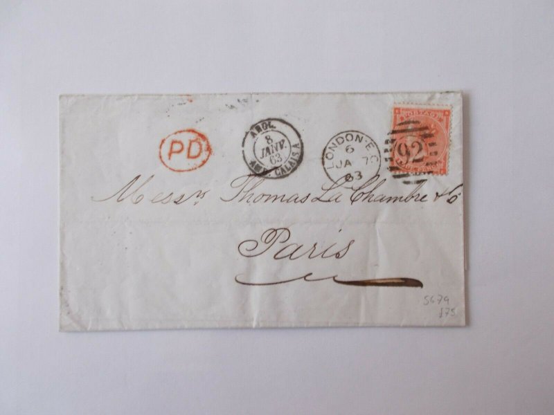 QV 1863 4d Bright Red SG 79 on Envelope London to Paris via Calais Cat £300