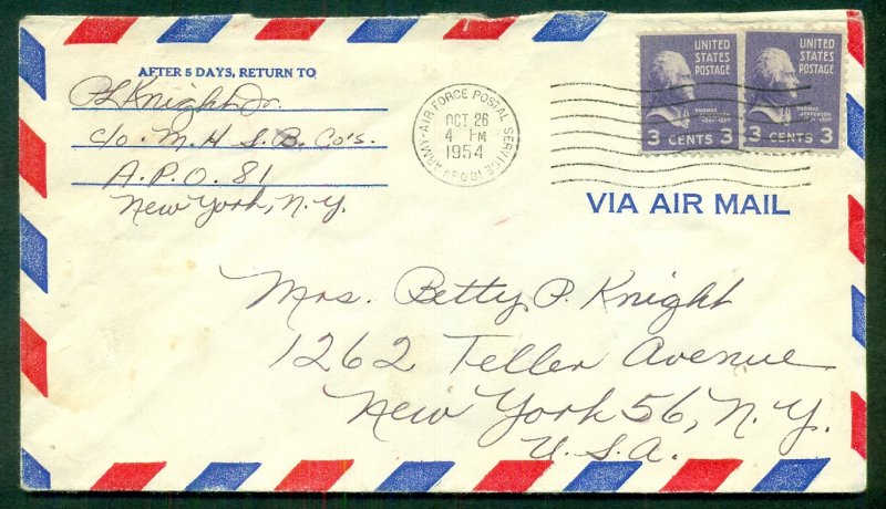 ICELAND 1954, APO 81 cover to U.S. w/U.S. franking, VF