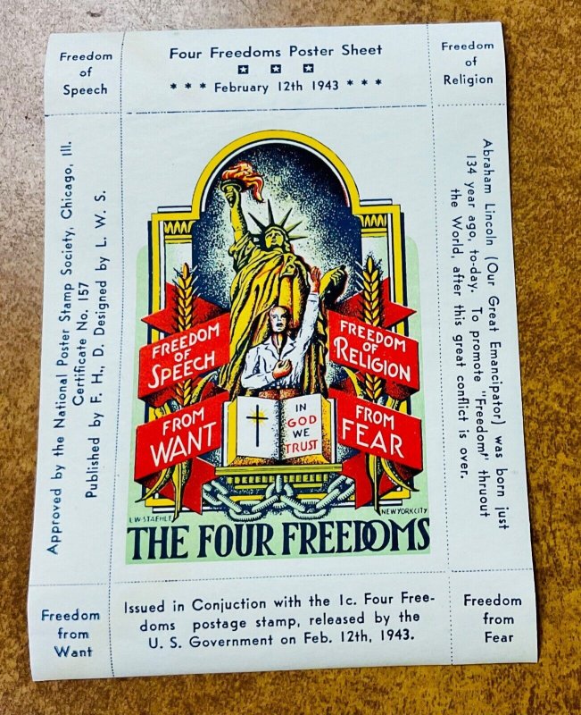 Vintage WW2 Era  Poster Stamp Staehle design patriotic four Freedoms