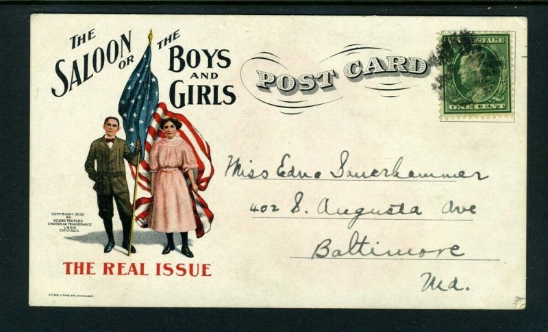 1909 Temperance Anti-Saloon League POST CARD - NICE!!!!