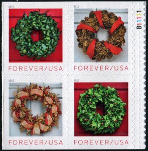 SC#5424-27 (55¢) Holiday Wreaths Block of Four (2019) SA