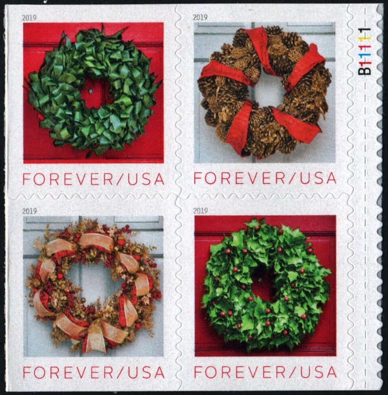 SC#5424-27 (55¢) Holiday Wreaths Block of Four (2019) SA