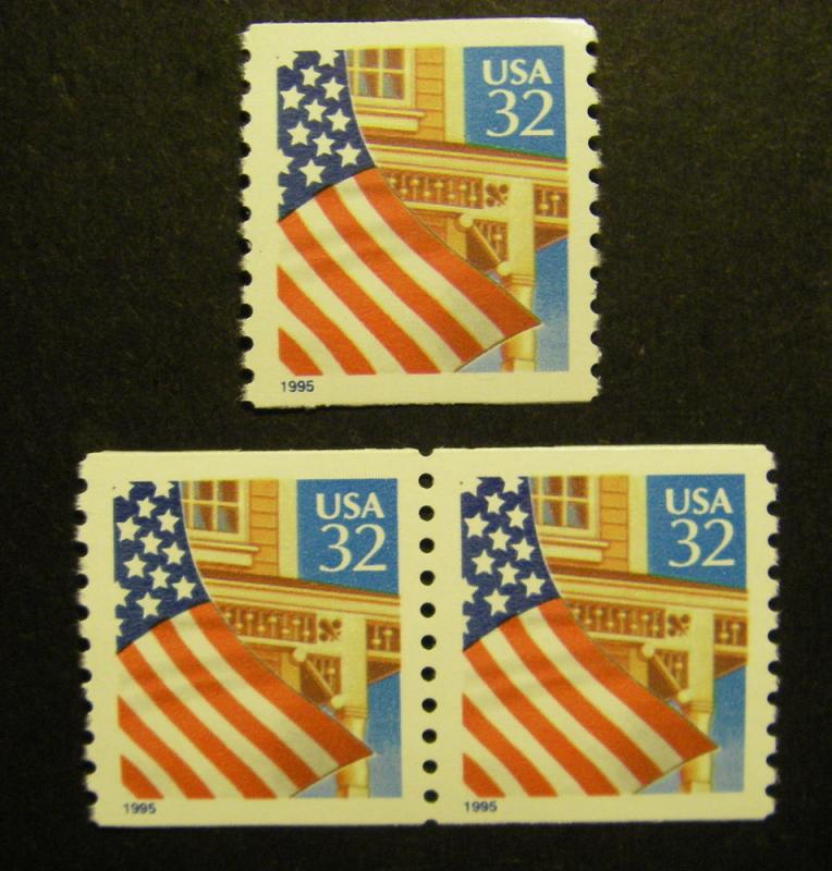 Scott 2914, 32c Flag over Porch, Pair & Single, MNH Coil Beauties