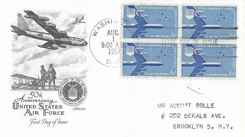 1957 Air Mail FDC, #C49, 6c Air Force, Artmaster, block of 4