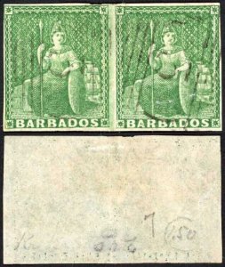 Barbados SG7 (1/2d) Yellow-green PAIR Cat 220 pounds