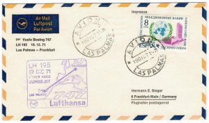 Spain 1971 Cover Stamps First Flight Las Palmas Frankfurt Germany Lufthansa