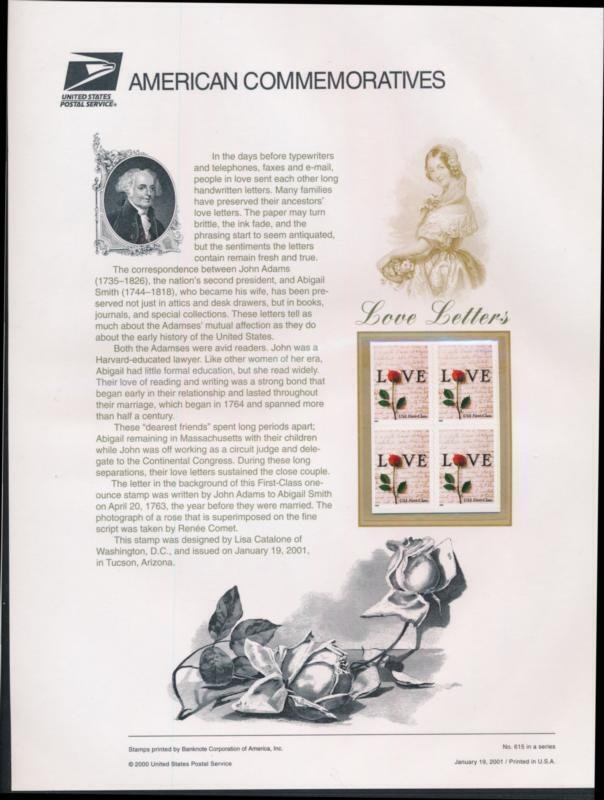 USPS 2001 COMMEMORATIVE PANEL #3496 34c LOVE LETTERS 