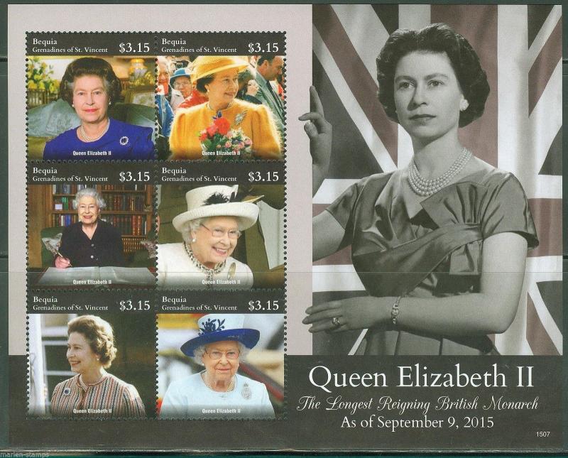 BEQUIA  2015 QUEEN ELIZABETH THE LONGEST REIGNING BRITISH  MONARCH SHEET MINT NH