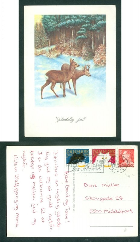 Denmark. Christmas Card 1973. 2 x Seal Cat + 60 Ore. Aabenra. Deer In The Forest