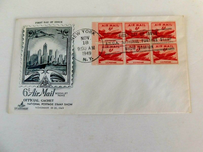 First Day Cover #C39a Airmail Booklet Pane of 6, 1949 NY Cancel, Artcraft cachet