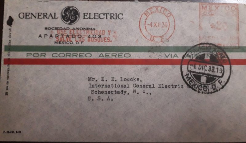 O) 1939 MEXICO, METER STAMP -FRANKING MACHINE, GENERAL ELECTRIC, TO USA