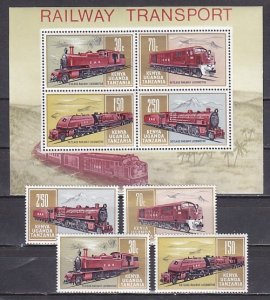 Kenya, Uganda, Tanz, Scott cat. 229-232. Locomotives sheet of 4 & s/sheet.