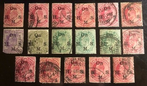 India Scott#O27, O28, O28c, O34, O35 Avg/VF Used  Group of 18 stamps Cat. $4.25