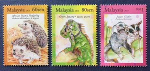 MALAYSIA 2013 Exotic Pets Hedgehog Iguana Sugar Glider Set of3V SG#1937-1939 MNH