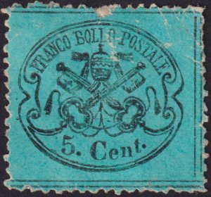 Roman States 1868 #21 fvf mh 5c Black on Light Blue Glazed Paper