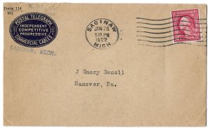 Saginaw, Michigan 1922 Cover, Postal Telegraph Oval Cameo Corner Card and Verso