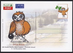 NORFOLK IS 2001 Sth Pacific Games Postage Paid owl postcard - Bowls........B3554