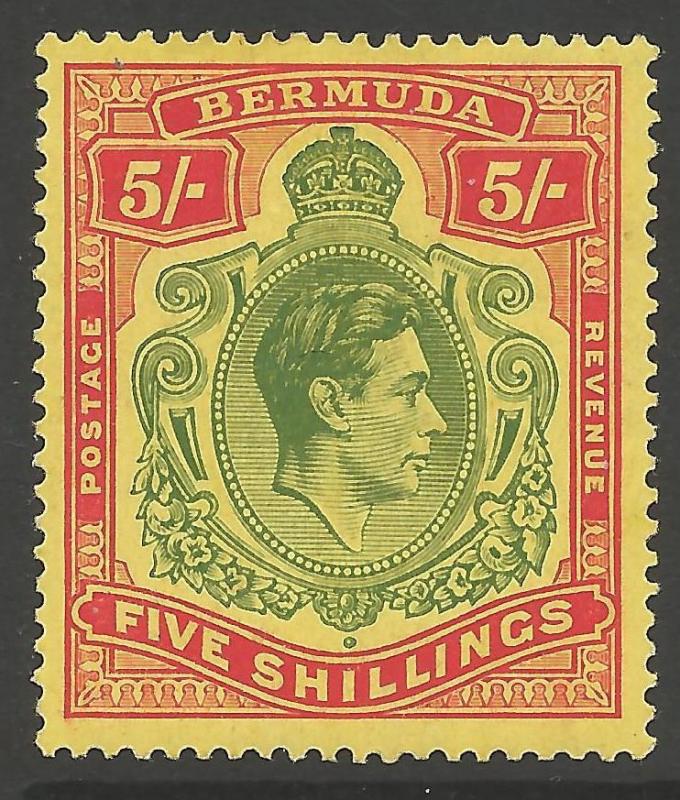 BERMUDA SG118 1938 5/= GREEN & RED/YELLOW MTD MINT