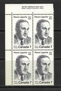 CANADA - 1971 PIERRE LAPORTE UPPER LEFT PB - SCOTT 558 - MNH