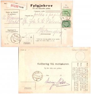 Norway 10o Post Horn and 1K King Haakon VII 1924 Varde Domestic Parcel Card t...