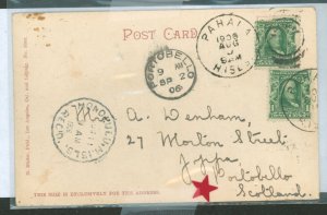 Hawaii  1906 very small pineapple plantation town, pahala, hawaiian islands, cancel on card to scotland thru honolulu