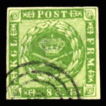 Denmark #8 Cat$82.50, 1858 8s green, used, margins all around