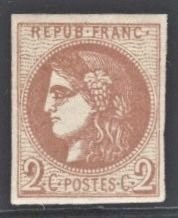 France #39 (1871)  2c Ceres imperf VF NH Brown-Red on yellowish. Scott Cat $250