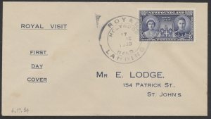 1939 Newfoundland #249 Royal Visit FDC Lodge Cachet Royal Landing CDS