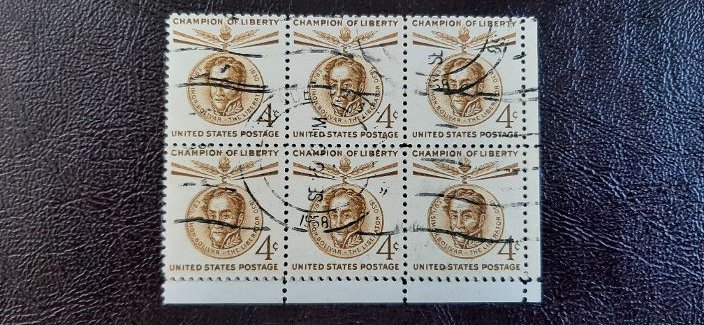 US Scott # 1110; used 4c S Bolivar from 1958; Block of 6; F/VF centering