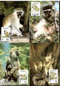 St. Kitts 1986 WWF Green Monkey Wildlife Animal Mammals Sc 189-2 Set 4 Max Cards