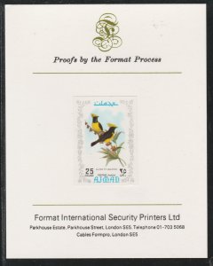 AJMAN 1971 EXOTIC BIRDS - SULTAN TIT  imperf on FORMAT INTERNATIONAL PROOF CARD