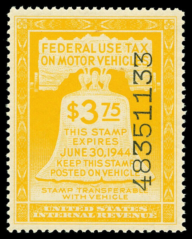 Scott RV21 1943 $3.75 Yellow Motor Vehicle Revenue Mint VF NH Cat $87.50