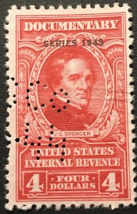 US Used #R376 Perfin Single wrinkle Revenue Documentary J C Spencer L37