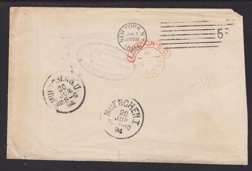 US Sc 223 pair on 1894 Forwarded Cover Ithaca, NY to Munich