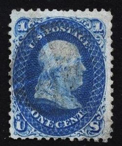 US Stamp #92 1c Blue Franklin F Grill USED and REPAIRED SCV $425