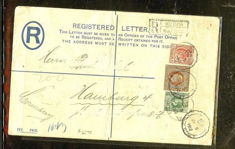 GOLD COAST  (P2909B) KE 1D RLE+KE 1D+1/2D REG TO GERMANY 1912