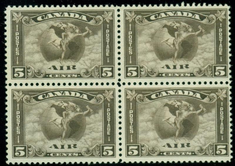 CANADA #C2 5¢ Airmail, Block of 4, og, 3LH/1NH, VF, Scott as singles $395.00