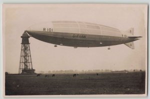 Great Britain c. 1930 Airship R-101 At Mooring Mast Real Photo Postcard RPPC