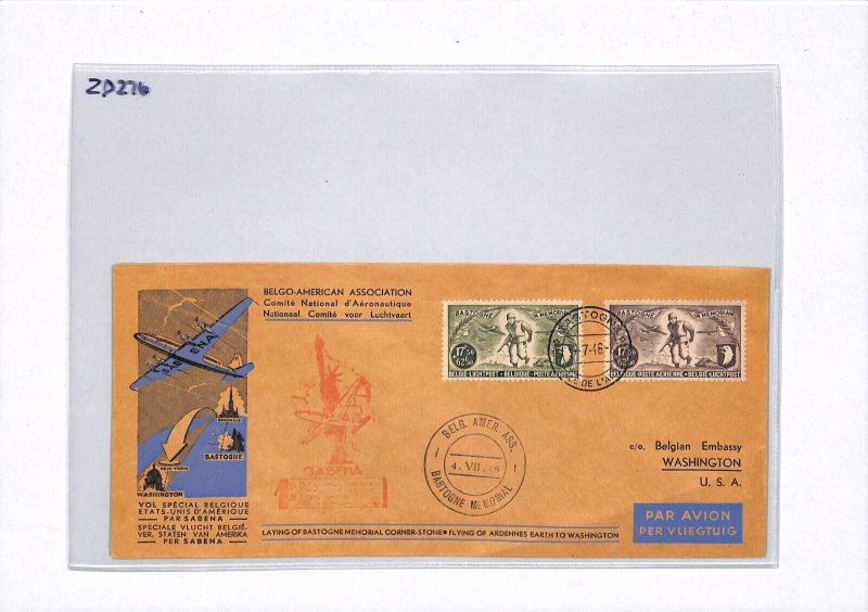 BELGIUM Air Mail BASTOGNE MEMORIAL SPECIAL FLIGHT (WW2) Brussels USA 1946 ZD276