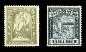 Malta #17-18 Cat$157.50, 1899 2sh6p and 10sh, set of two, hinged