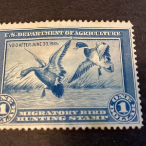 SCOTT# RW1 - 1934 $1 BLUE FEDERAL DUCK STAMP  MHOG