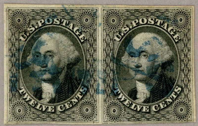US Scott#17 VF-XF 1851 12c Imperf Washington Pair, bright, w/blue cancel, sound