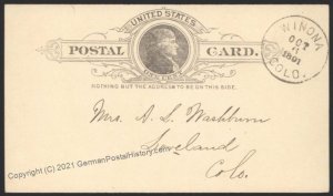 USA 1891 WINONA Colorado DPO R7 Long Message Loveland Postal Card 101758