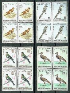 TUNISIA, SUPERB SET BIRDS 1965, ALL NEVER HINGED BLOCKS OF 4