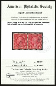 U.S. #579 Used Pair F-VF with APS Certificate