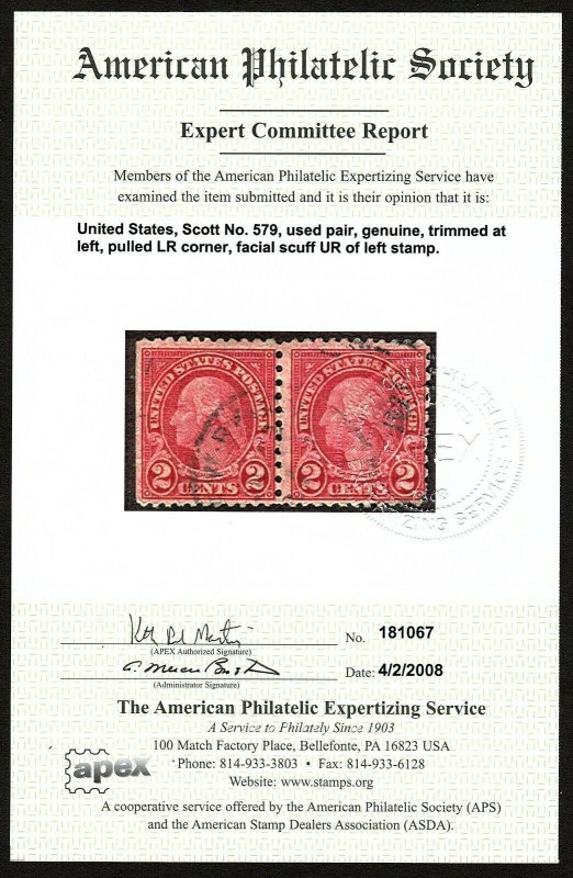 U.S. #579 Used Pair F-VF with APS Certificate